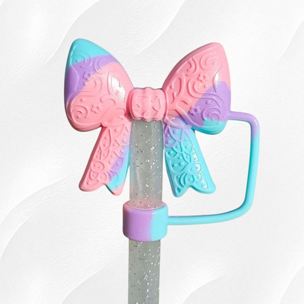 Pastel Swirl Shimmer Princess Bow 3D Silicone Stanley Straw Topper - 10mm
